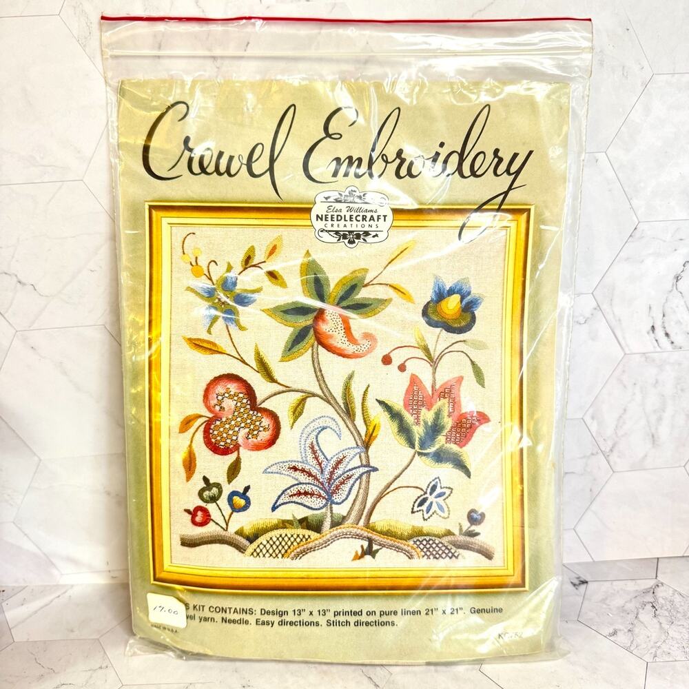 Vtg Elsa Williams Crewel Embroidery Kit Floral Picture 21x21" Linen KC752 NOS